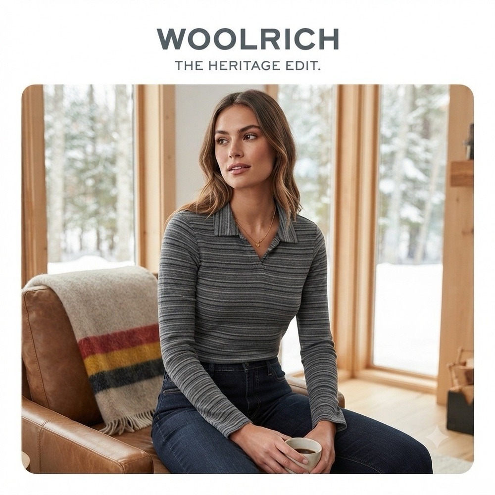 Woolrich Womens XL Grey Striped Long Sleeve Polo Shirt Collared Heritage Style